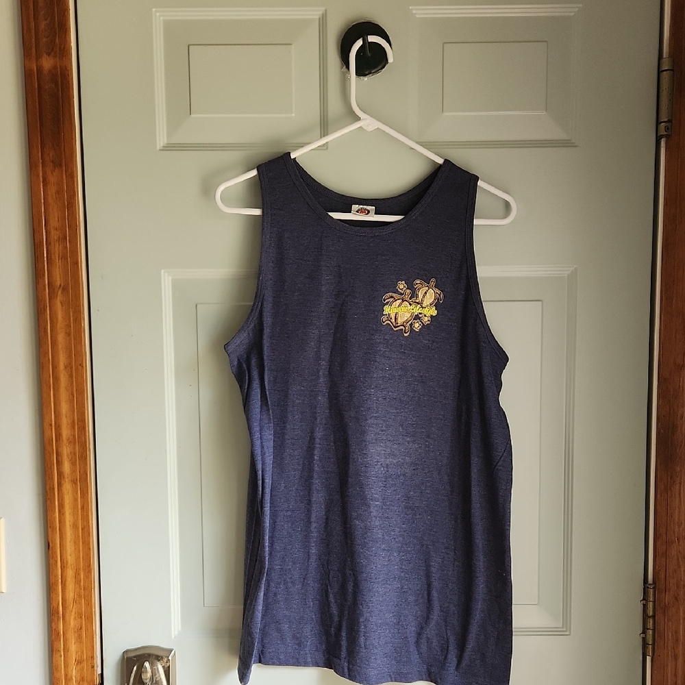 Navy Blue Men's Tank Top with Yellow Turtle Design On The Back, $13